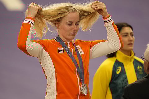 Women's BMX racing medal ceremony: Silver medalist Manon Veenstra of Netherlands